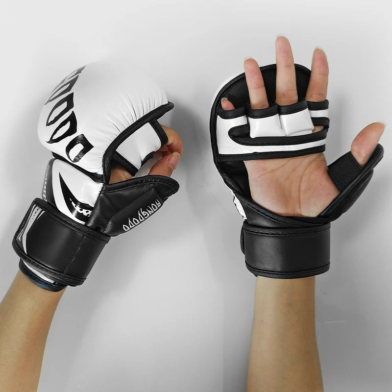 White and black muay thai gloves sold by 100 Spartans