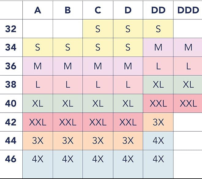 Size chart for padded sports bra for women with color-coded sizes.