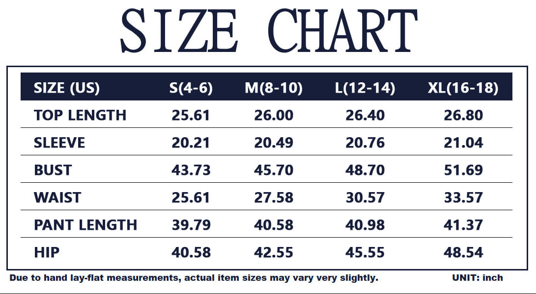 Size chart for the women's lounge set sold by 100 Spartans. Clothing measurements in inches