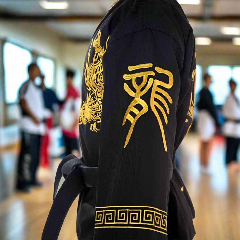 Black taekwondo uniform robe with gold embroidery in a blurred indoor setting