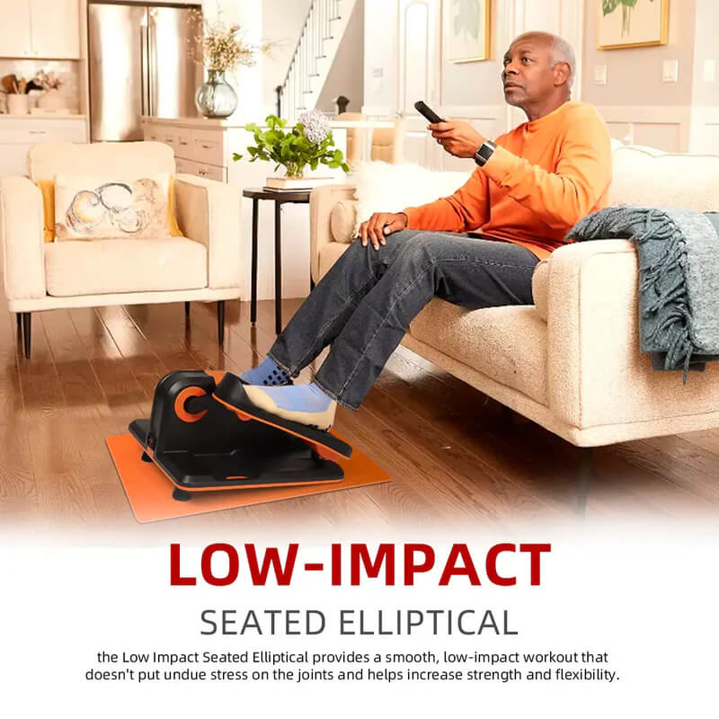 An elderly man watching TV while exercising his legs on an under desk electric elliptical machine sold by 100 Spartans