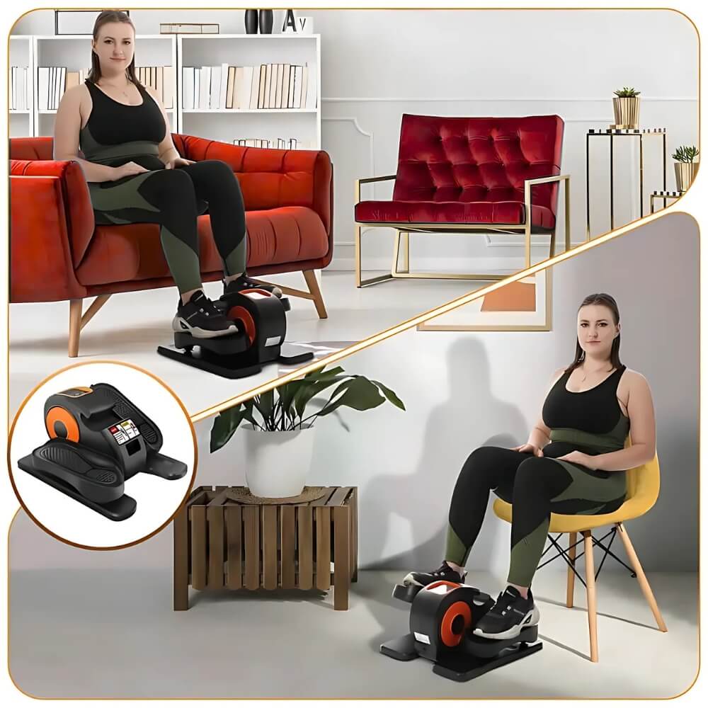 A woman working out on an under the desk elliptical machine sold by 100 Spartans