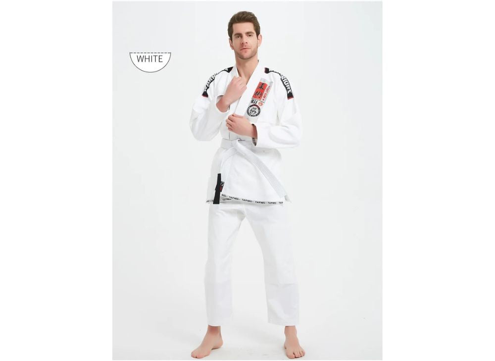 Person wearing a white martial arts uniform on a light gray background