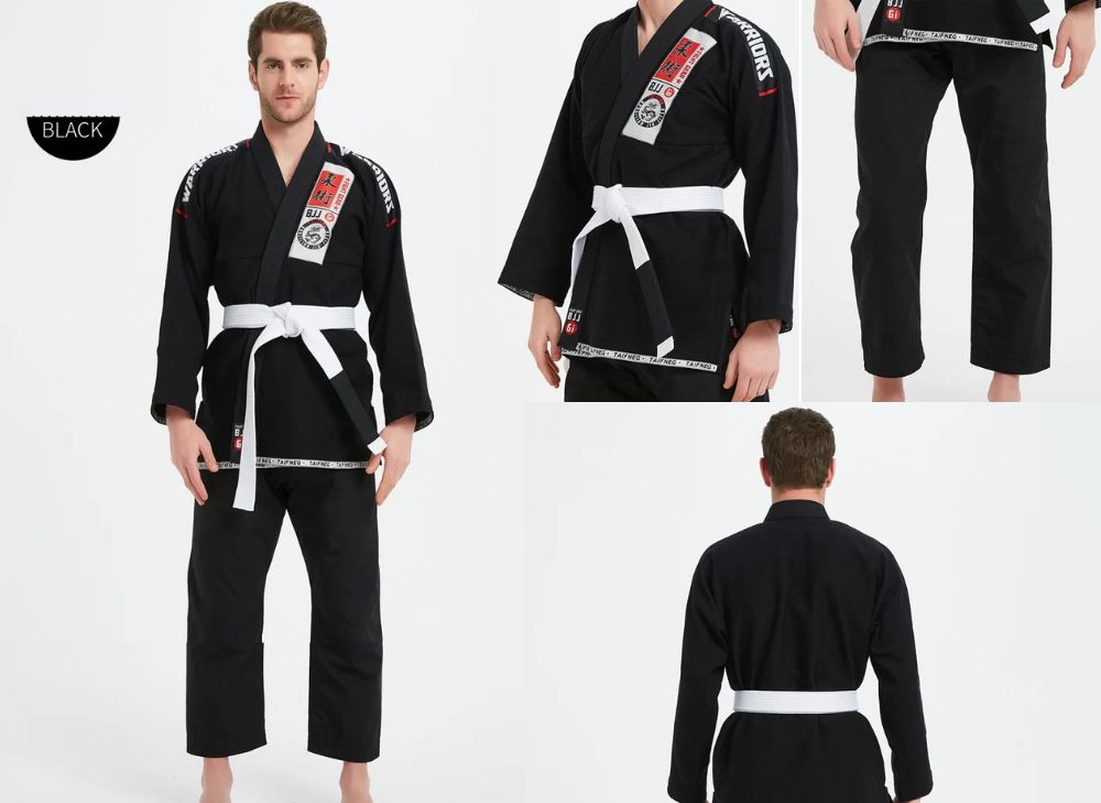 Black martial arts uniform with white belt on a white background