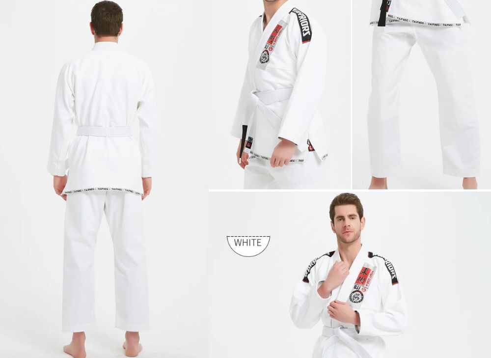White martial arts uniform with black belt worn by a person on a white background