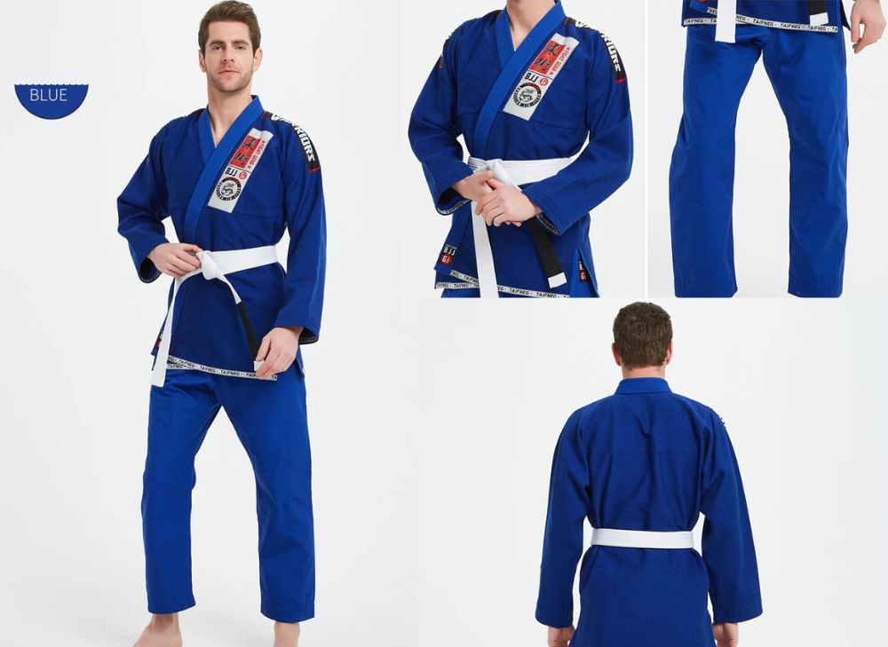 Blue martial arts uniform with white belt on a white background