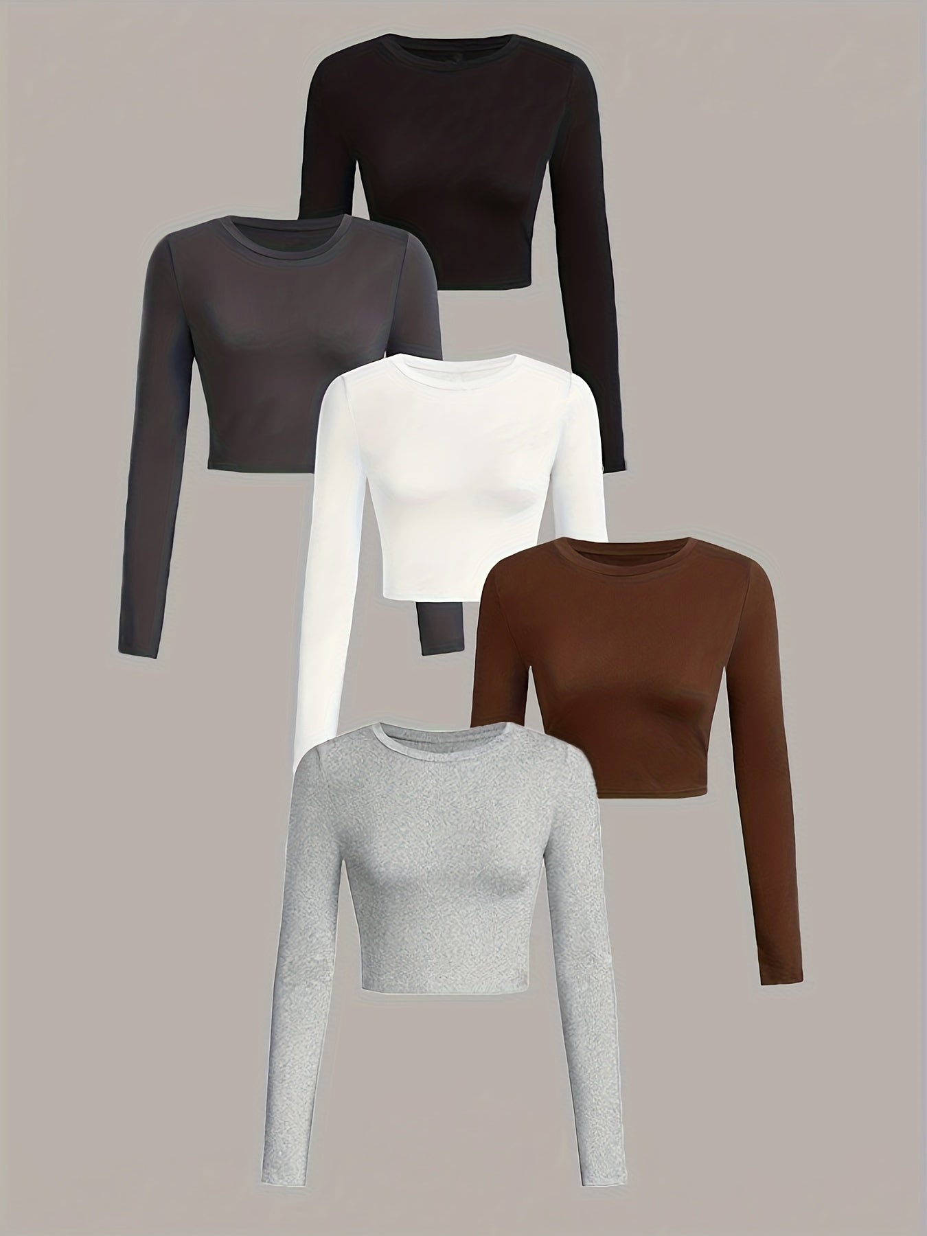 Set of five long-sleeve crop tops in black, gray, white, brown, and beige on a beige background.
