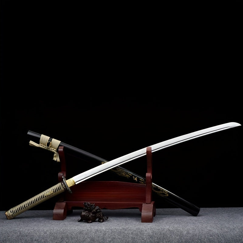 Antique Japanese Samurai Katana sword on a wooden stand against a black background