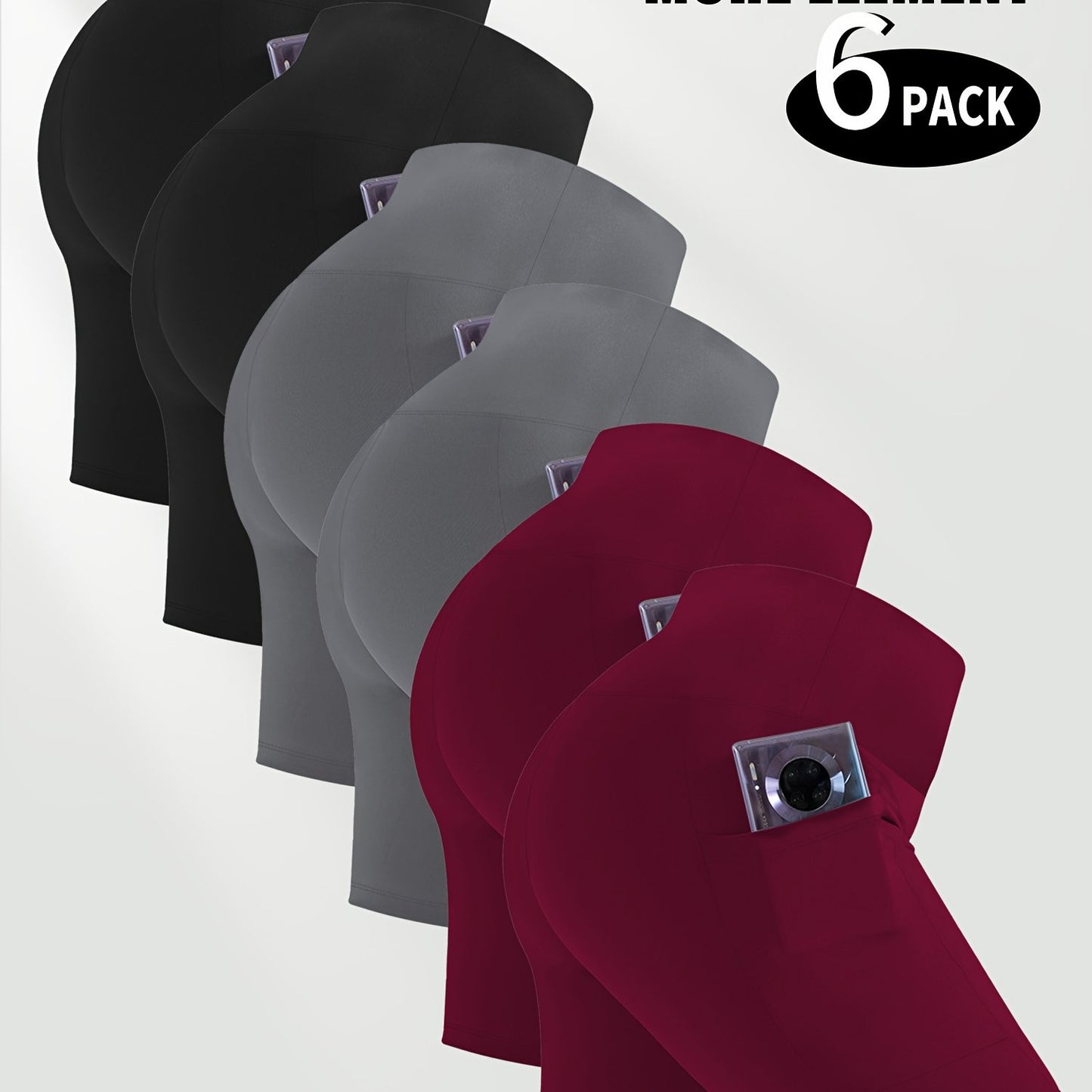 Set of six women's workout shorts with pockets in black, gray, and red.