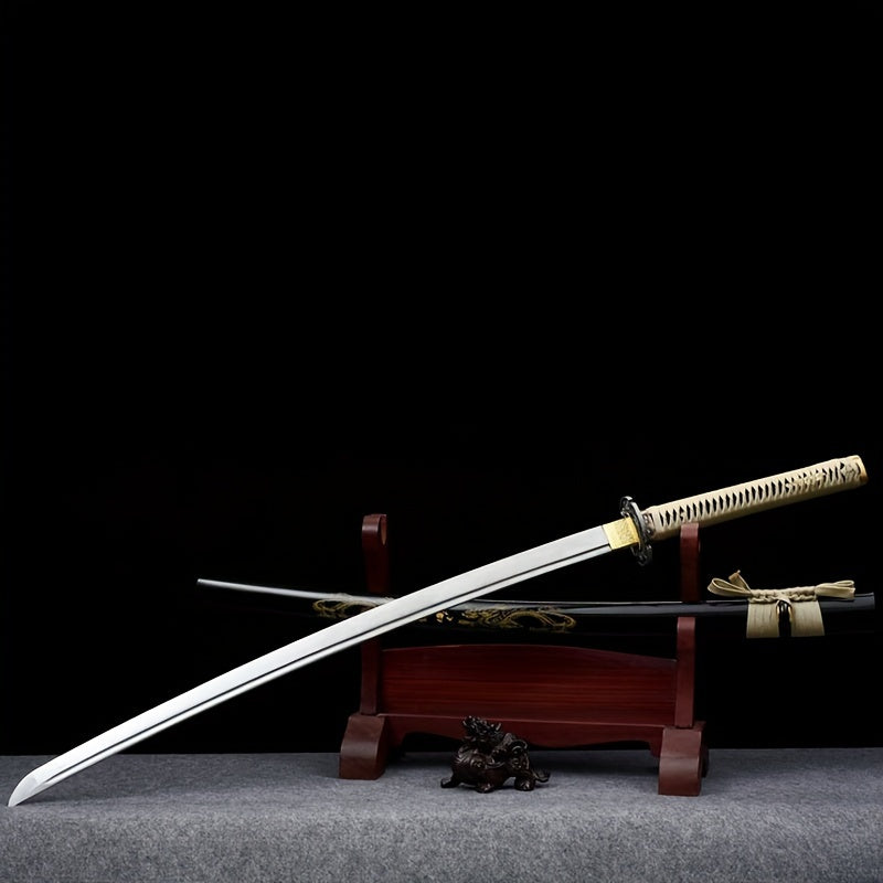 Antique Japanese Samurai Katana Sword on a wooden stand with a dark background