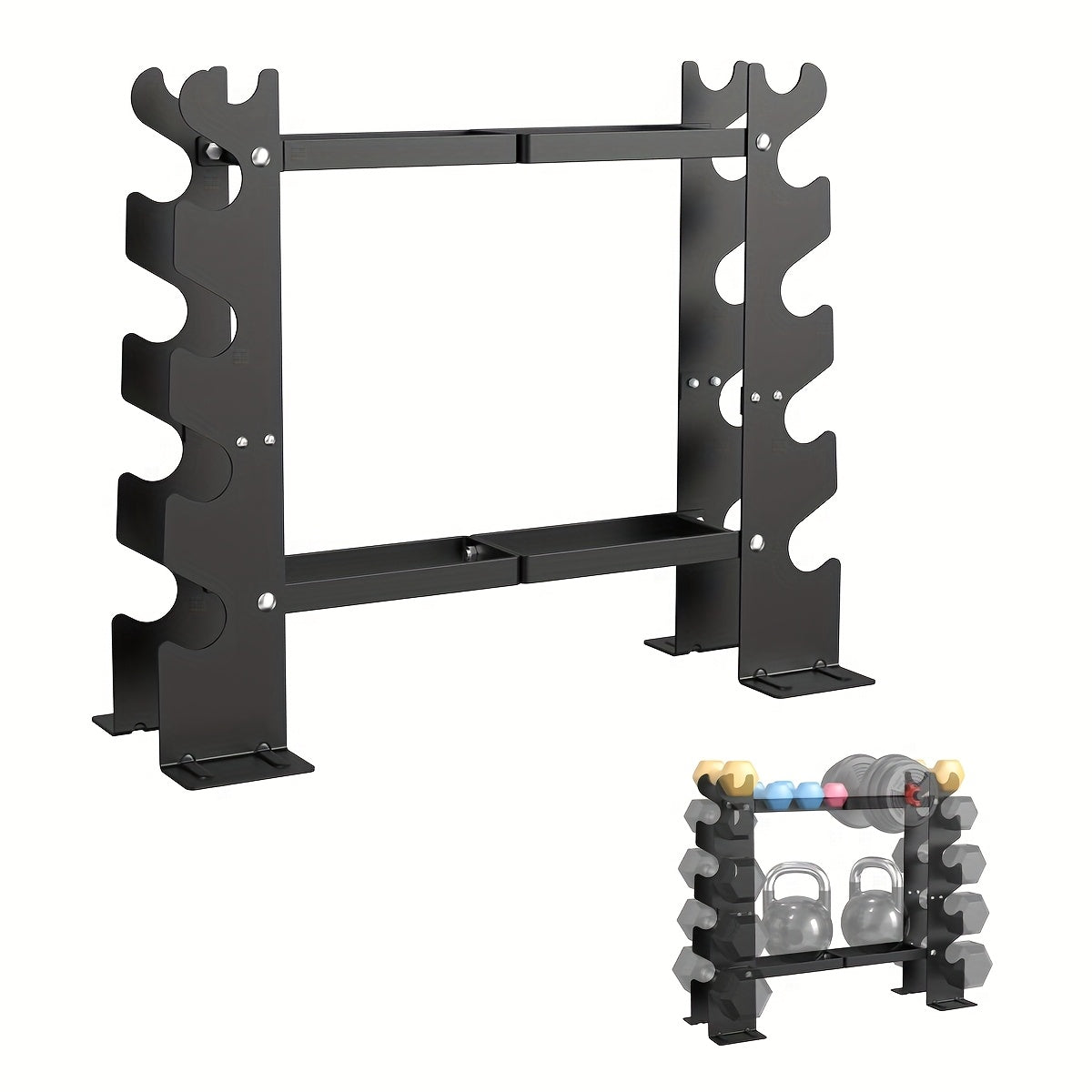 Black metal weight rack with kettlebells on a white background