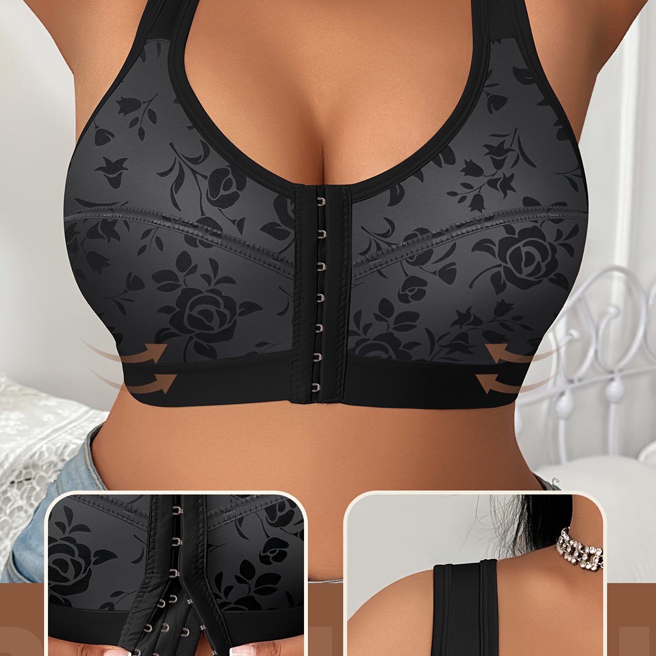 The front view of a woman wearing a black sports bras for big chests sold by 100 Spartans with front closure and wider shoulder straps.