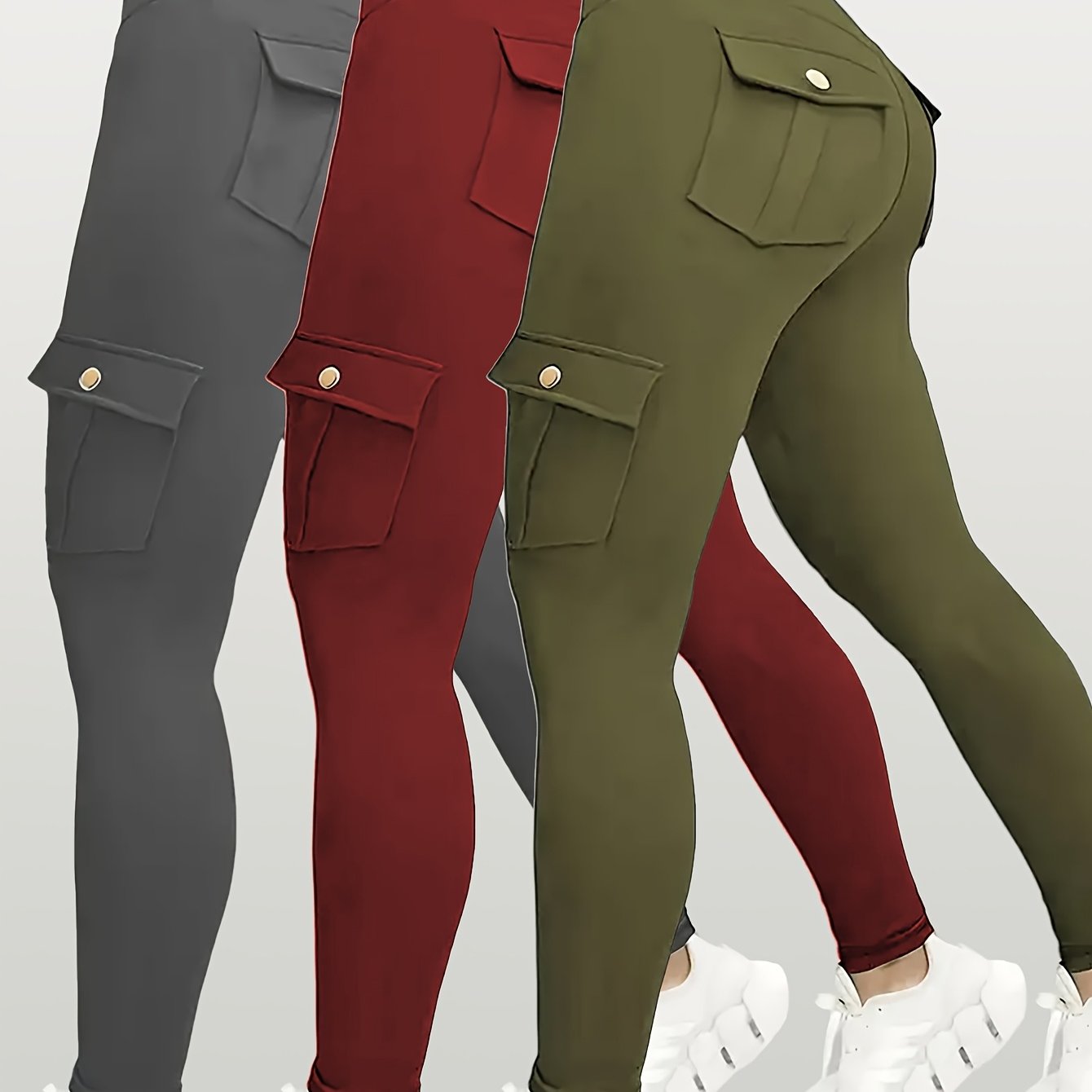 Three pairs of yoga leggings in gray, red, and green on a white background