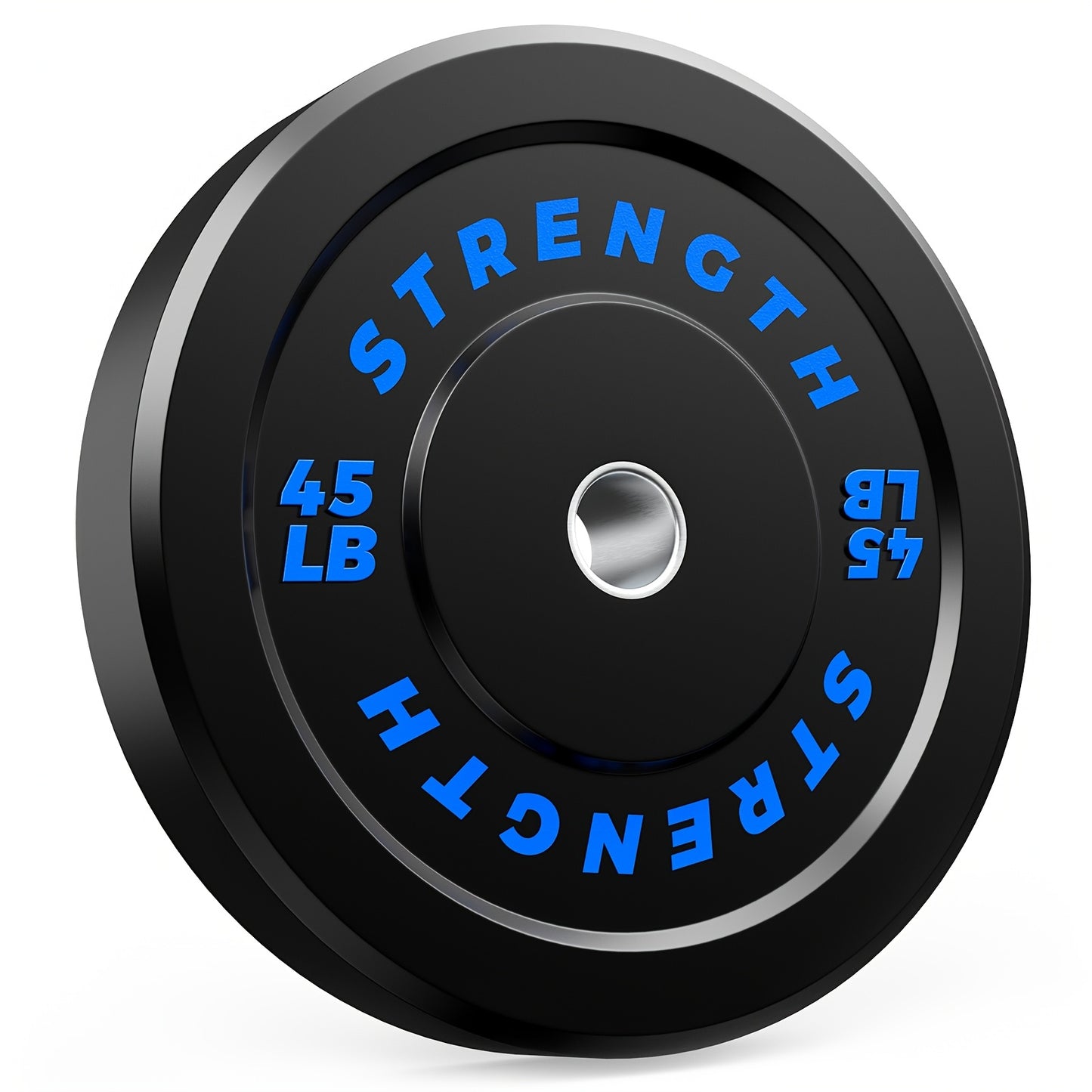 Black weight plate with blue text and 'STRENGTH' branding on a white background