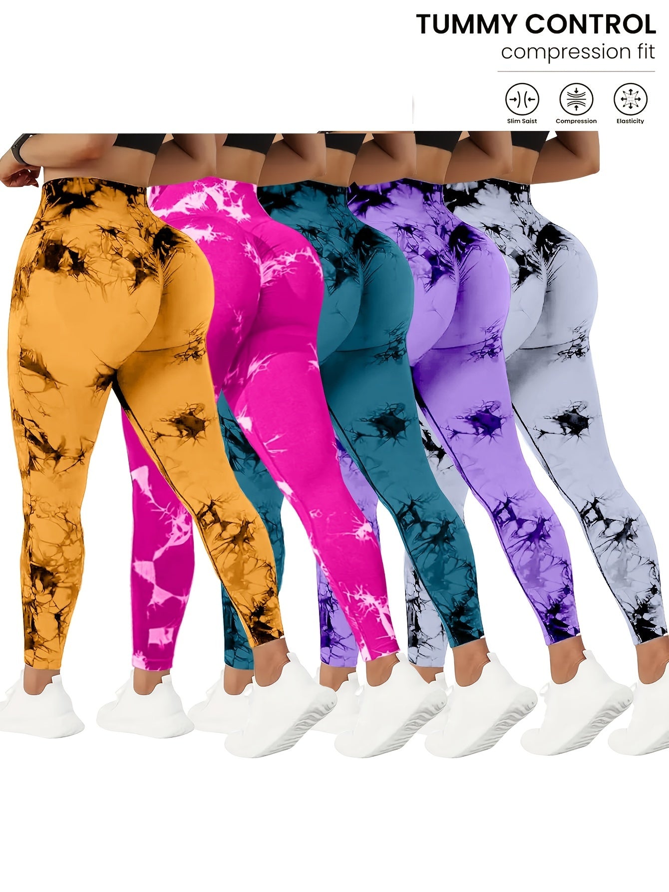 Women wearing different colors of high waisted yoga leggings sold by 100 Spartans