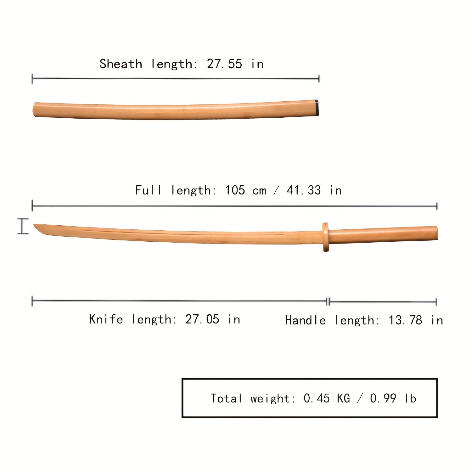 Measurement chart of a training sword with sheath, full length, knife length, handle length, and weight.