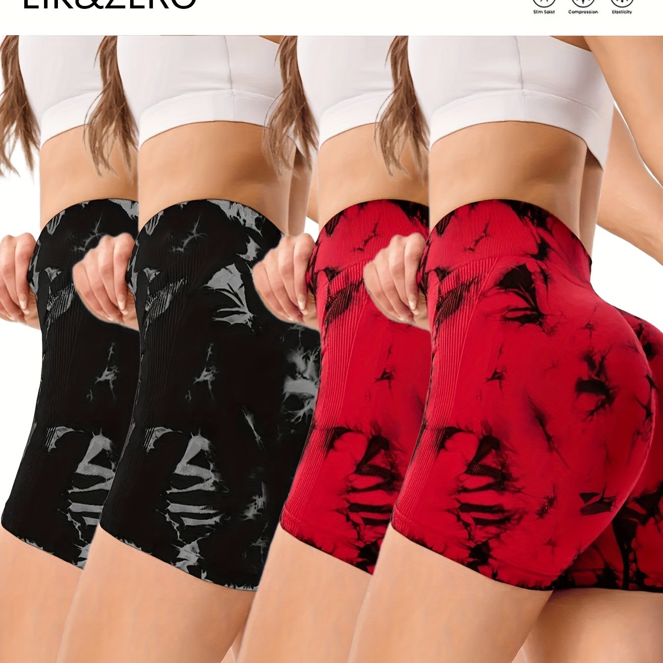 Red and black patterned women's yoga shorts displayed on a model against a white background.