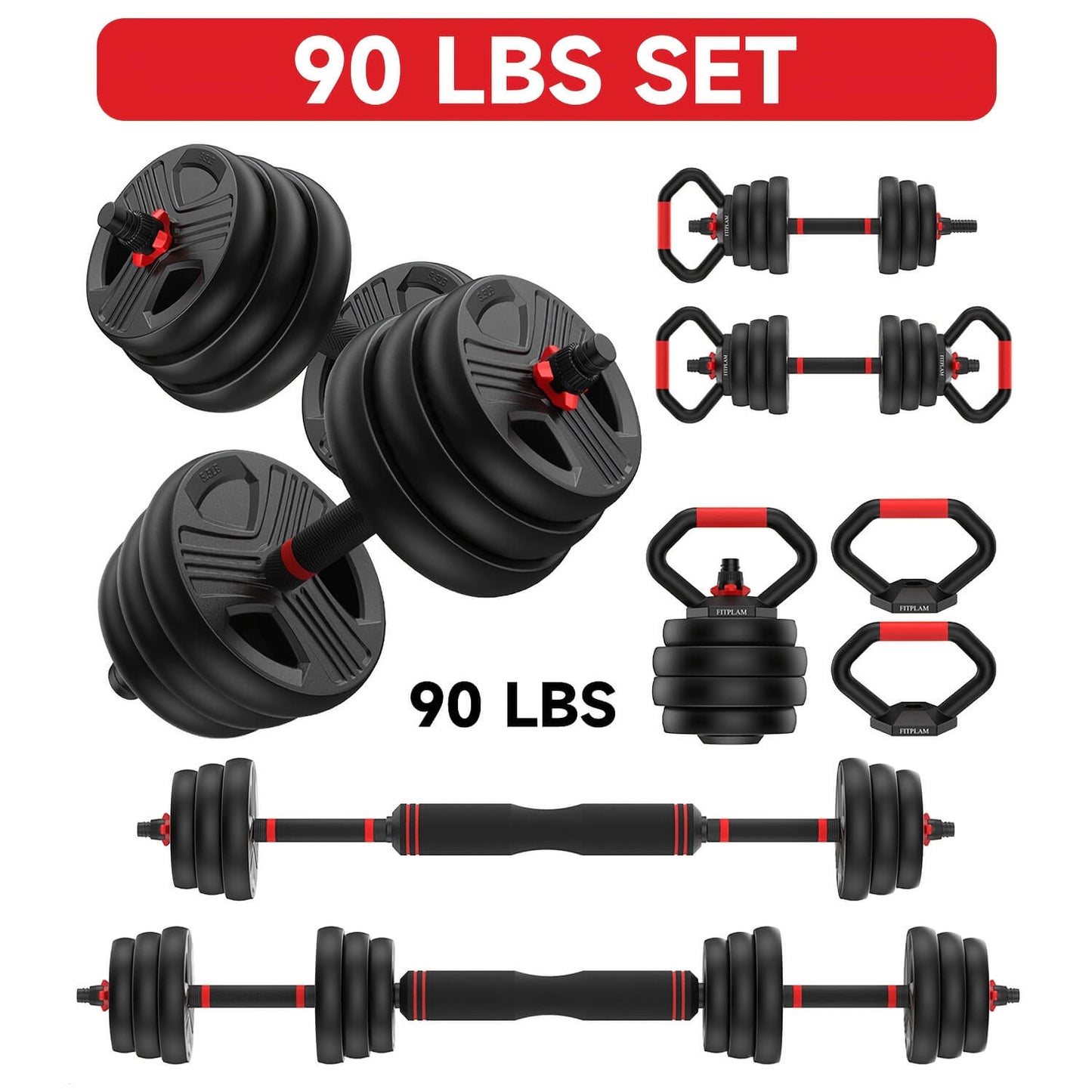 90 lbs adjustable dumbbell set with weight plates on a white background