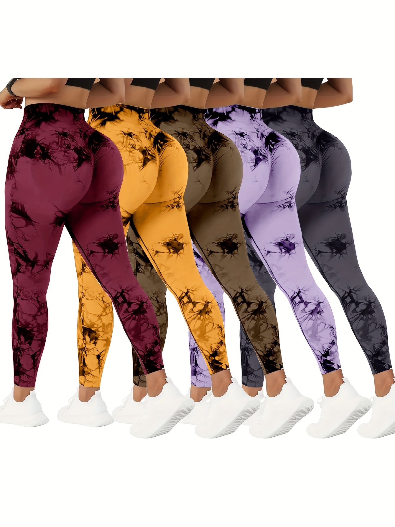 Women wearing different colors of high waisted yoga leggings sold by 100 Spartans