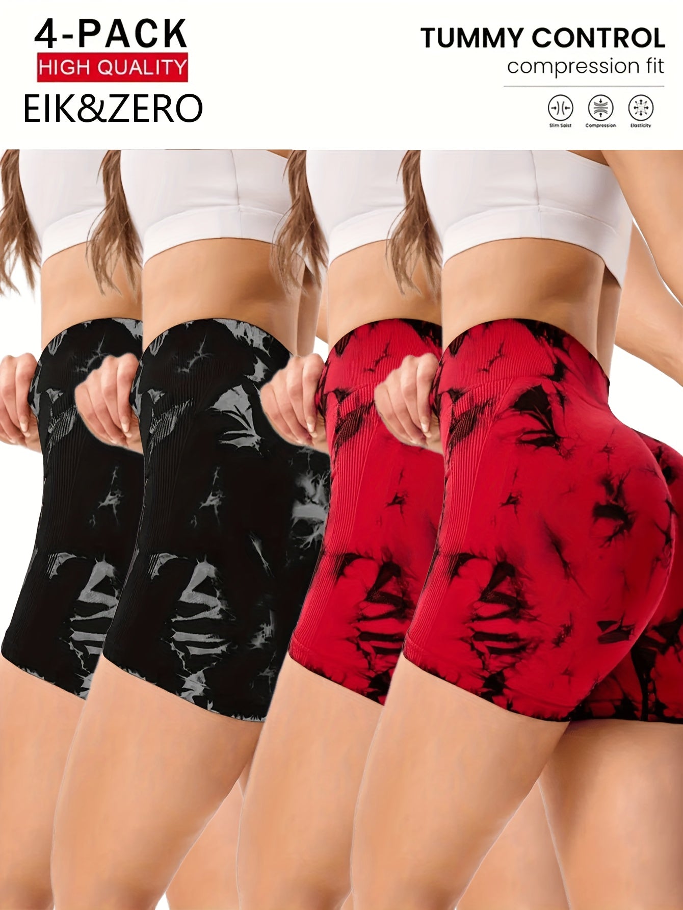 Tummy control compression women's yoga shorts in black and red with visible branding on a white background.