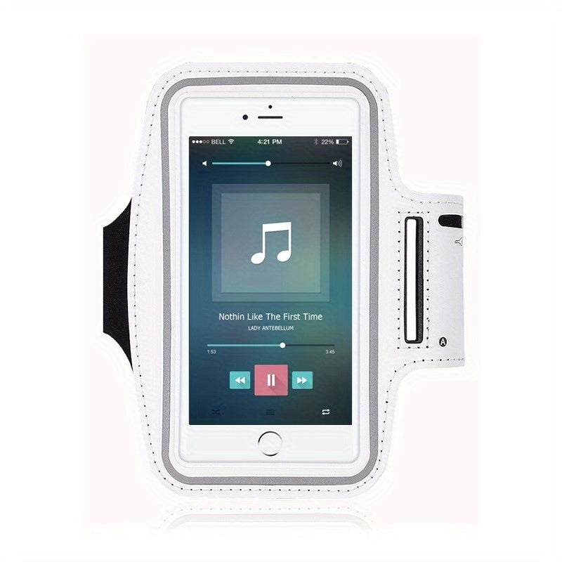 White phone holder for running with music app interface on a white background