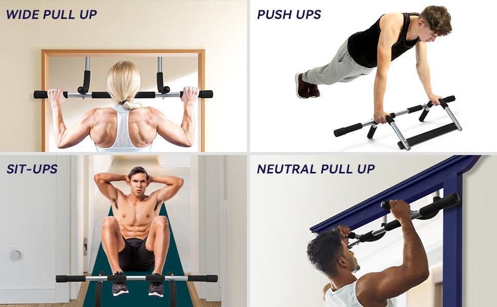 Four different exercises using a Pull Up Bar For Doorway with people performing each exercise.