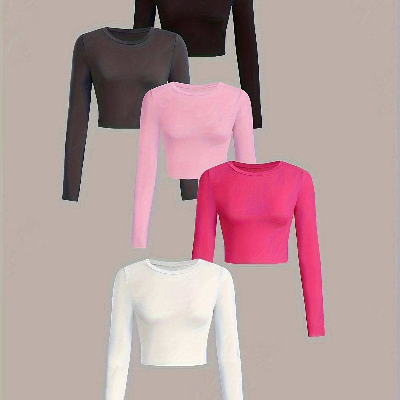 Four long-sleeve crop tops in black, pink, white, and red on a beige background