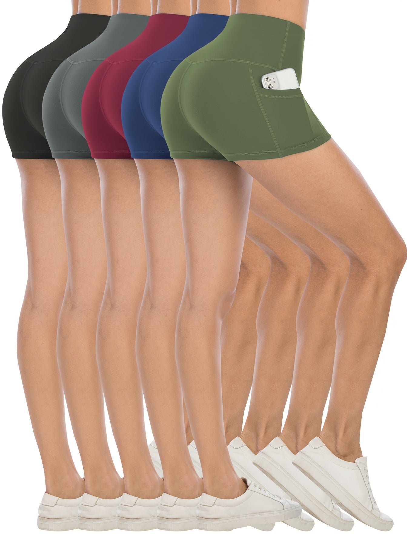 Set of five biker shorts with pockets in different colors displayed on a white background.