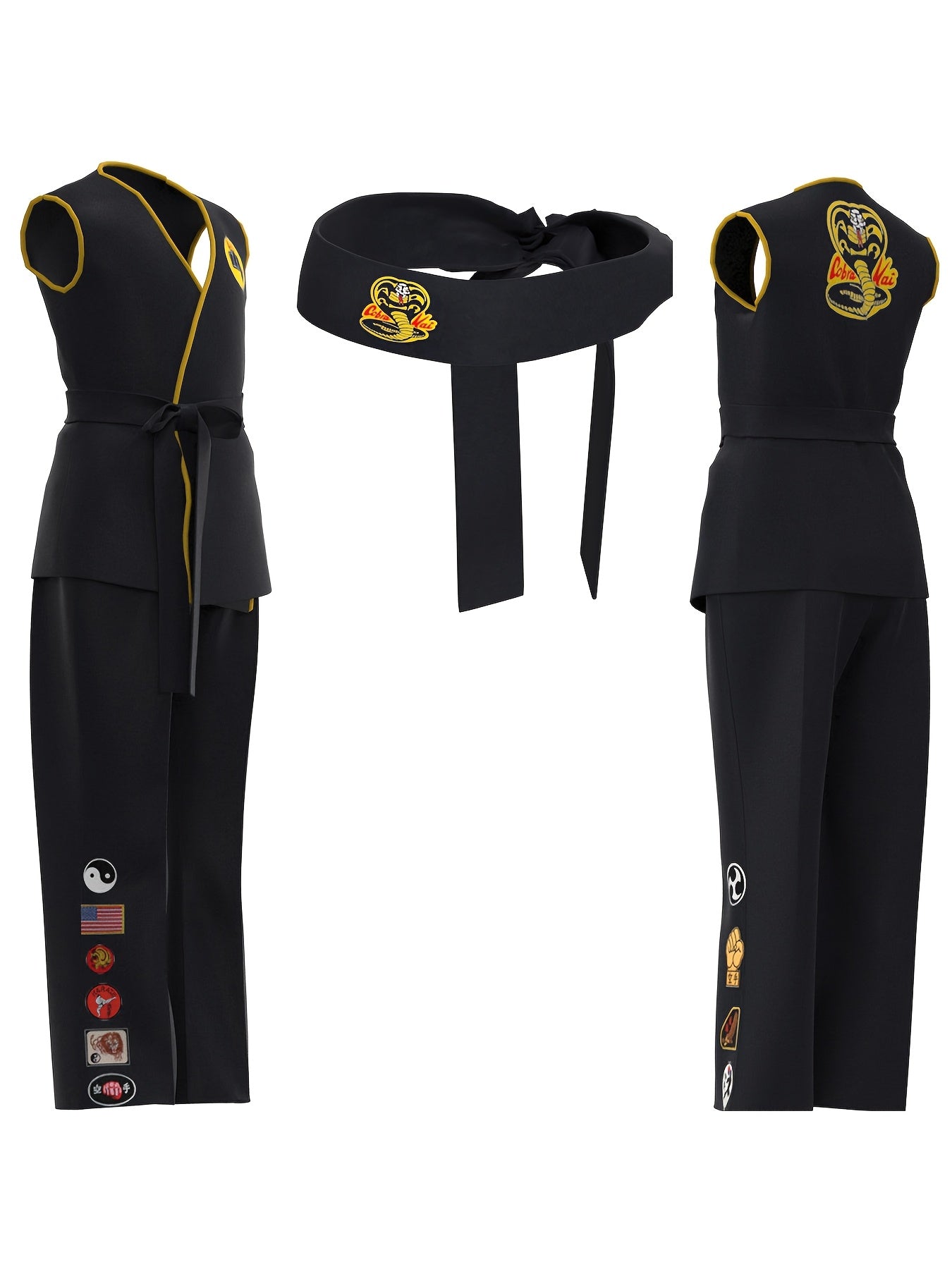 Taekwondo uniform with yellow accents and a belt on a white background