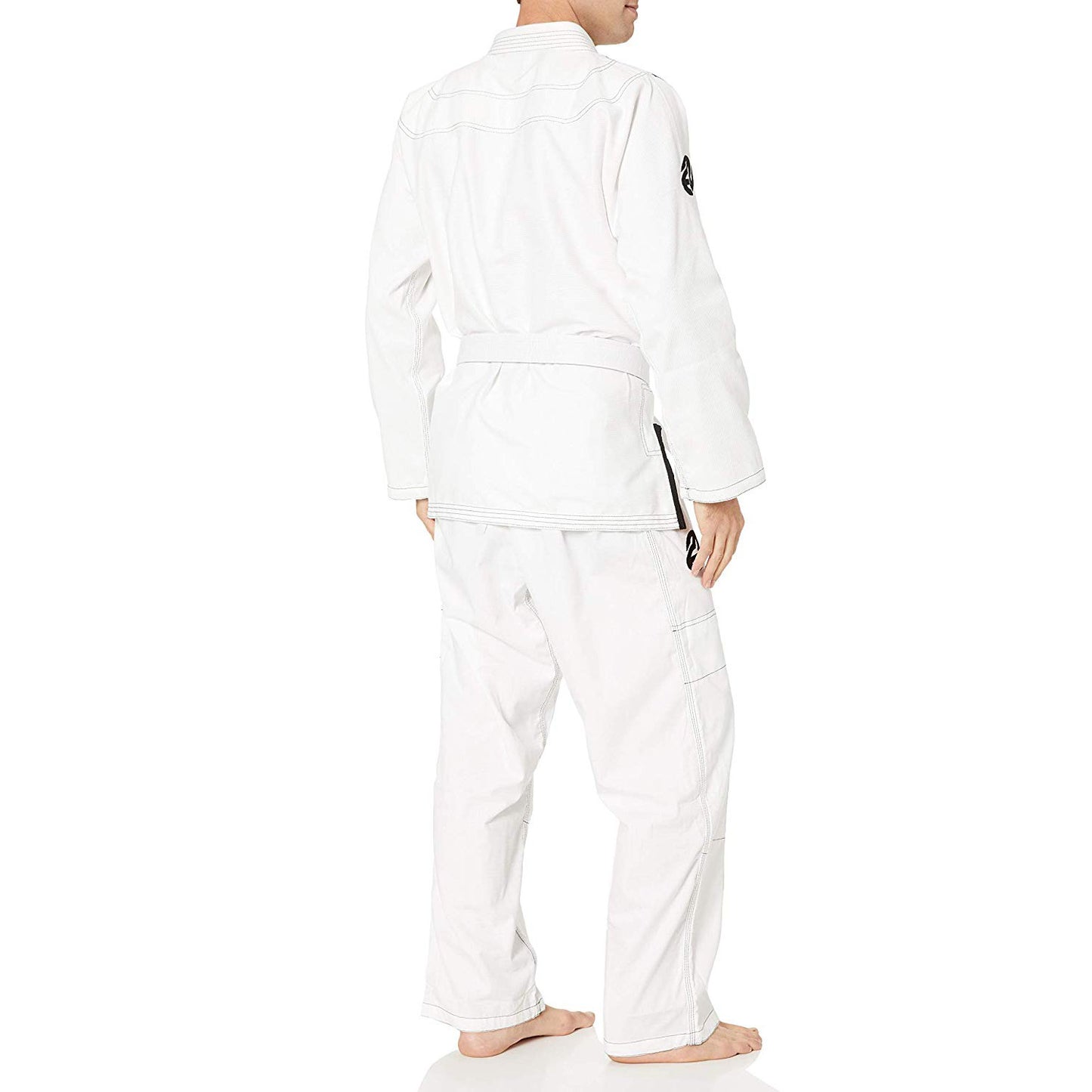 Person wearing a white BJJ Gi on a white background