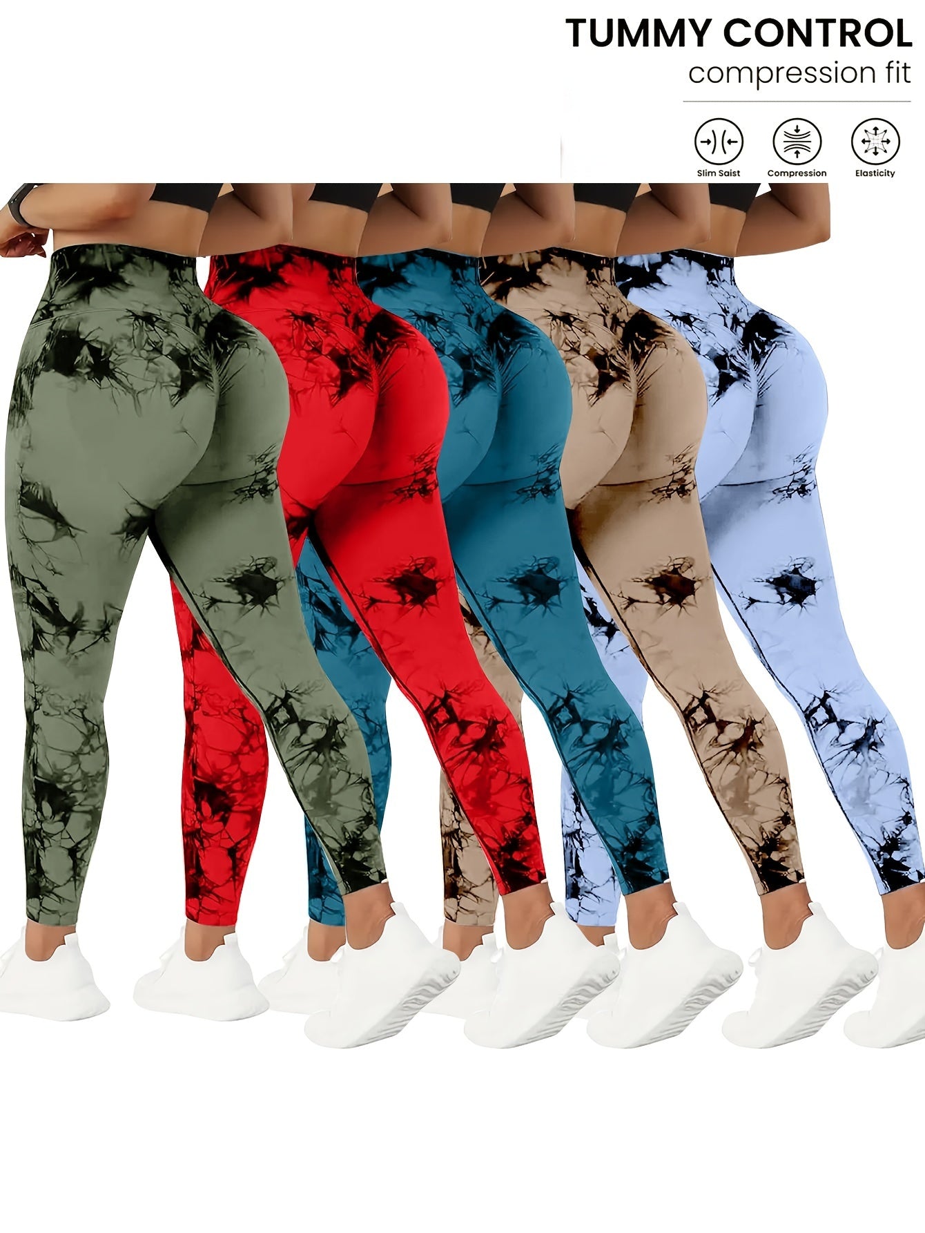 Women wearing different colors of high waisted yoga leggings sold by 100 Spartans