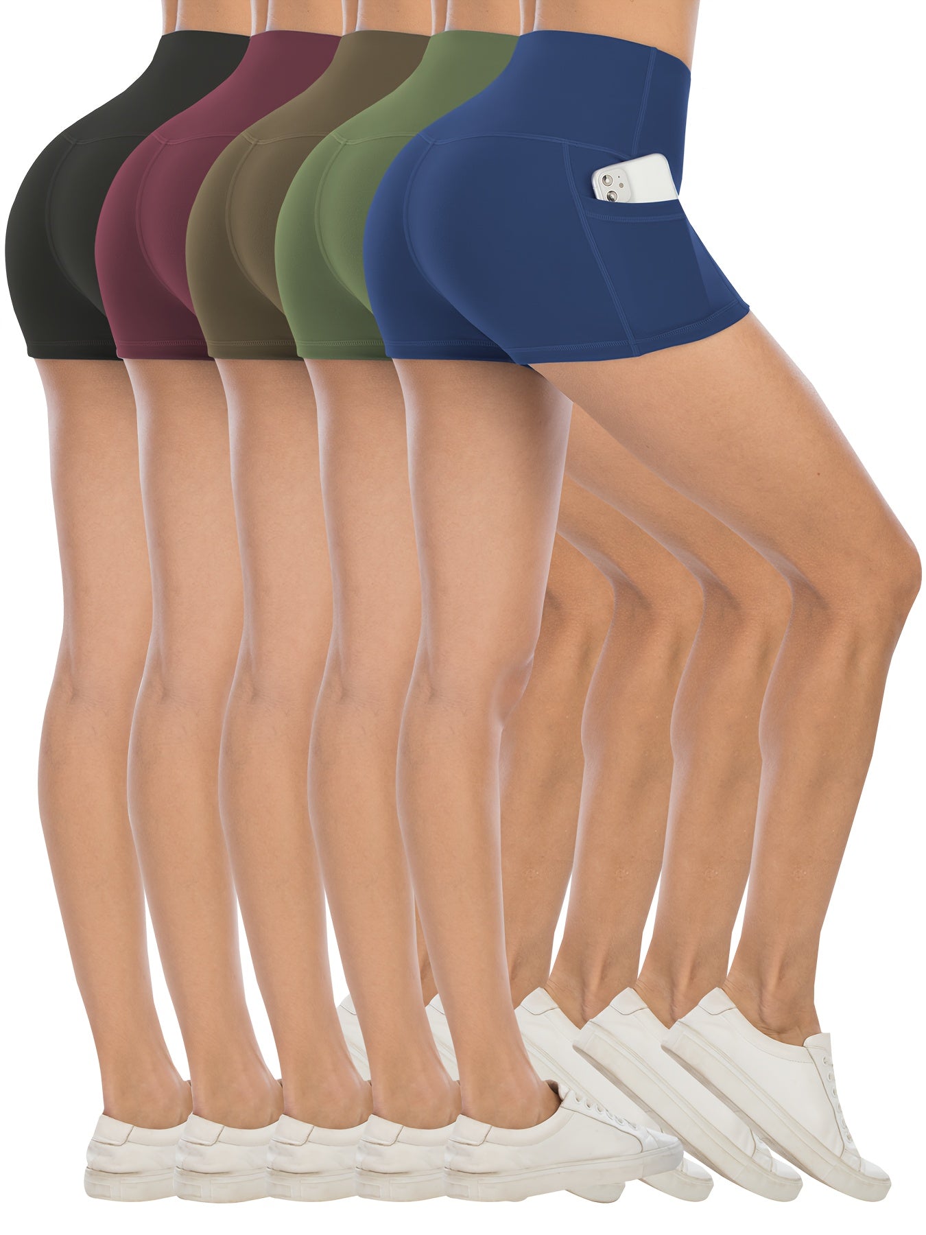 Set of five pairs of biker shorts with pockets in different colors displayed on a white background.