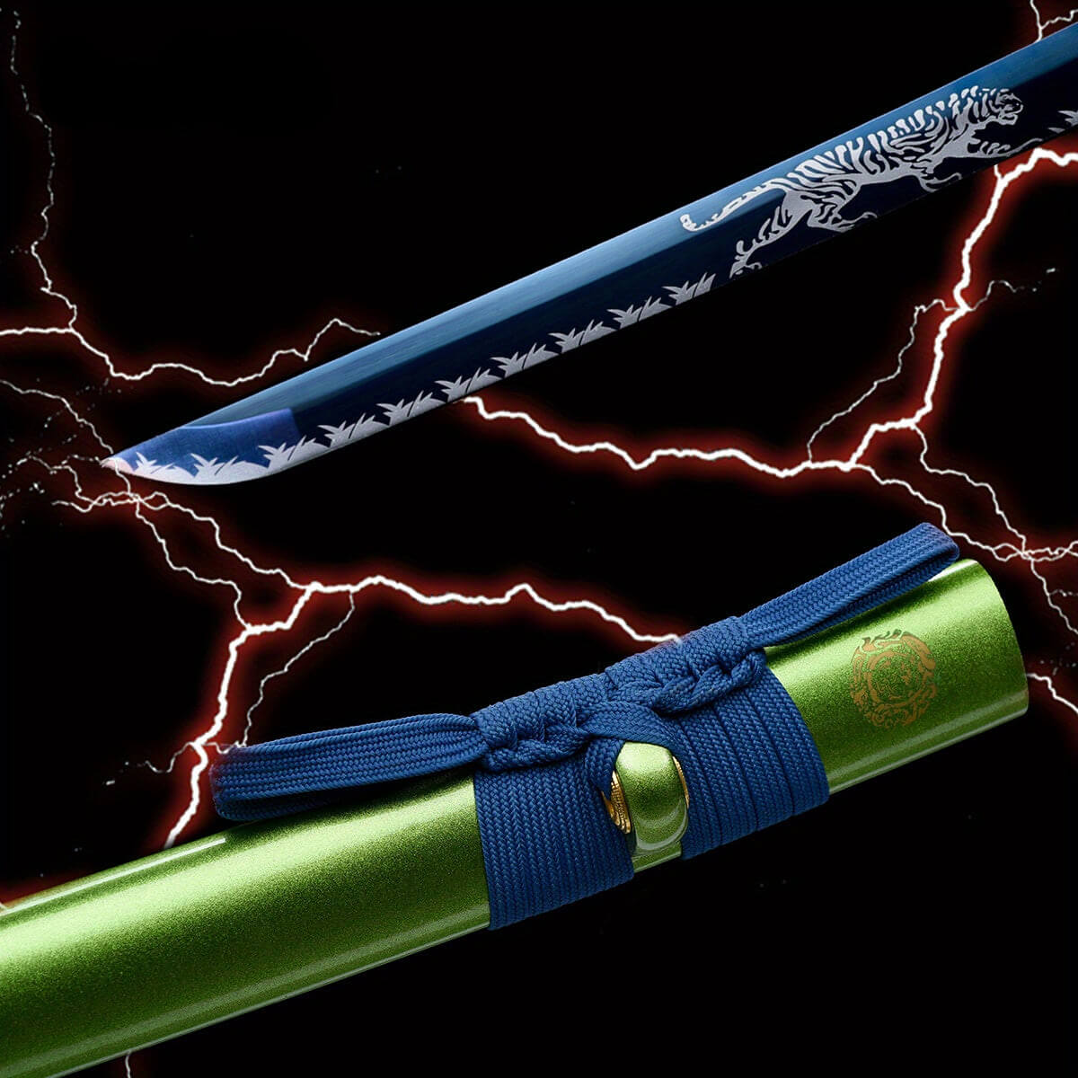 Ronin Samurai Sword with a blue sheath on a black background with lightning effects