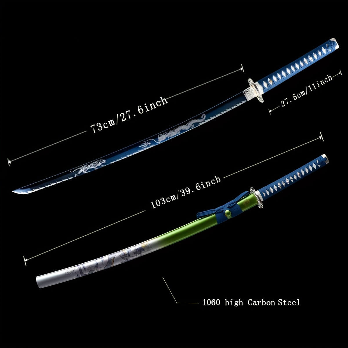 Two Ronin Samurai Swords with measurements and 1060 high carbon steel text on a black background