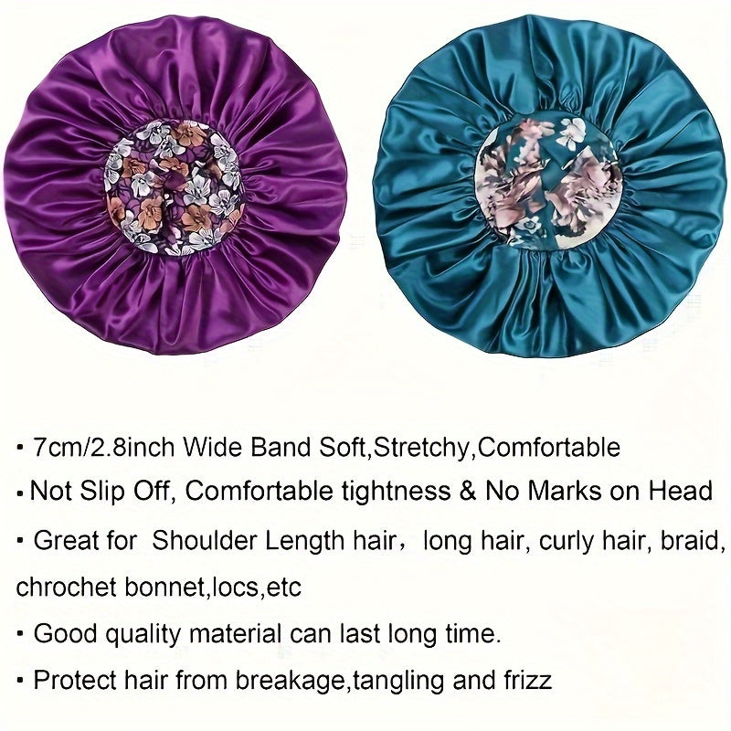 Two satin hair bonnets, one purple and one blue, with decorative centers on a white background.