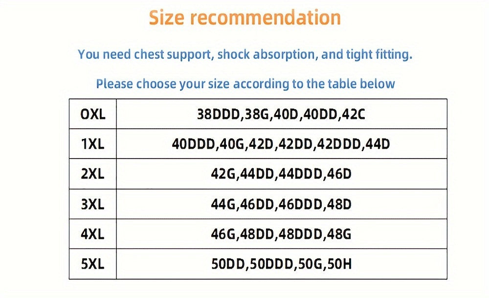 Sports bra size chart