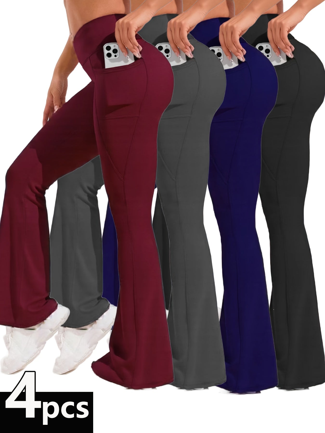 4 different variants and a woman wearing a women’s flare leggings sold by 100 Spartans