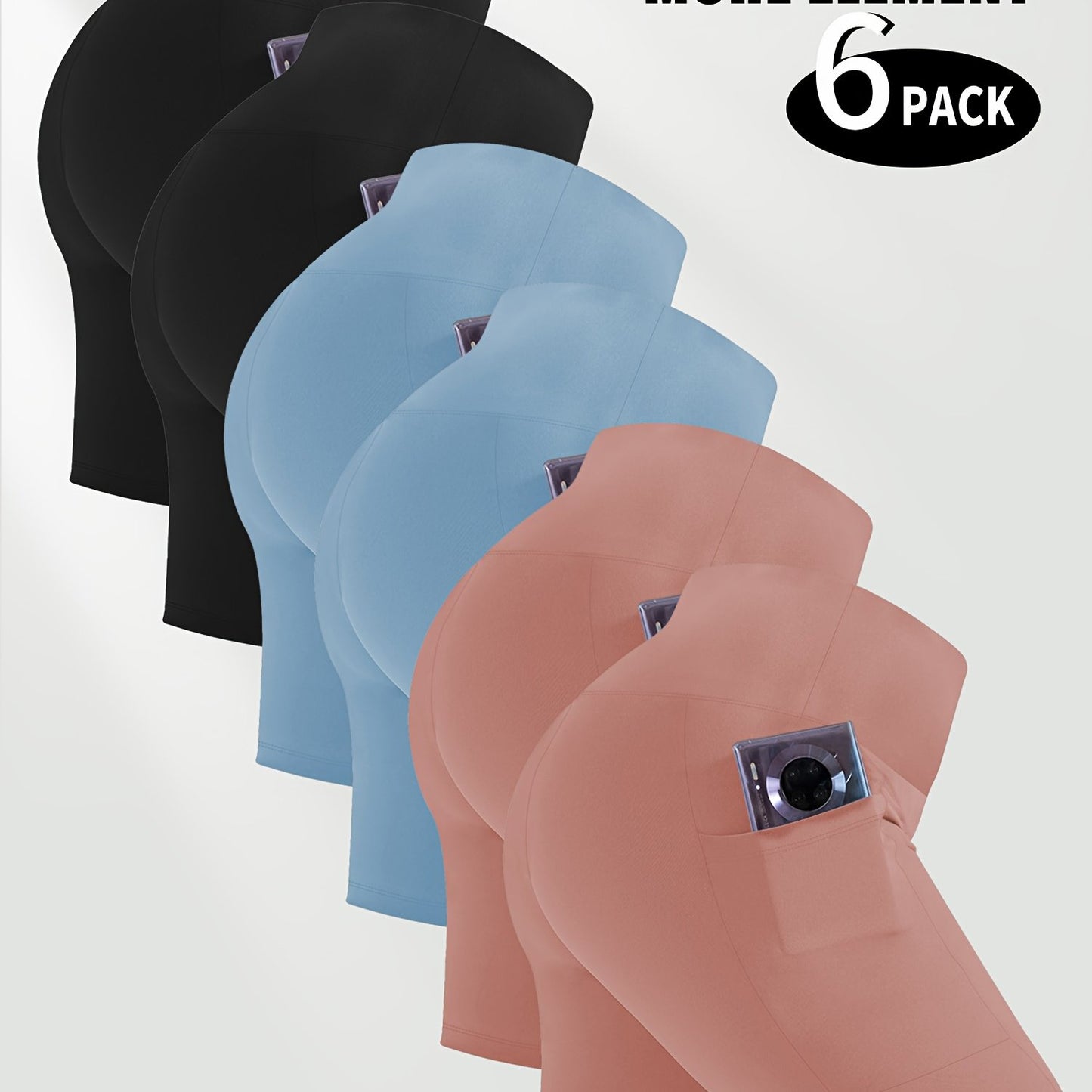 Six pairs of women's workout shorts with pockets in black, blue, and pink with a '6 Pack' logo above.