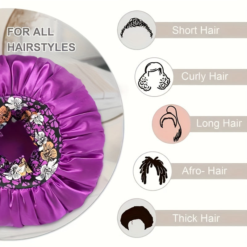 Purple satin hair bonnet with hair type icons and descriptions on a white background
