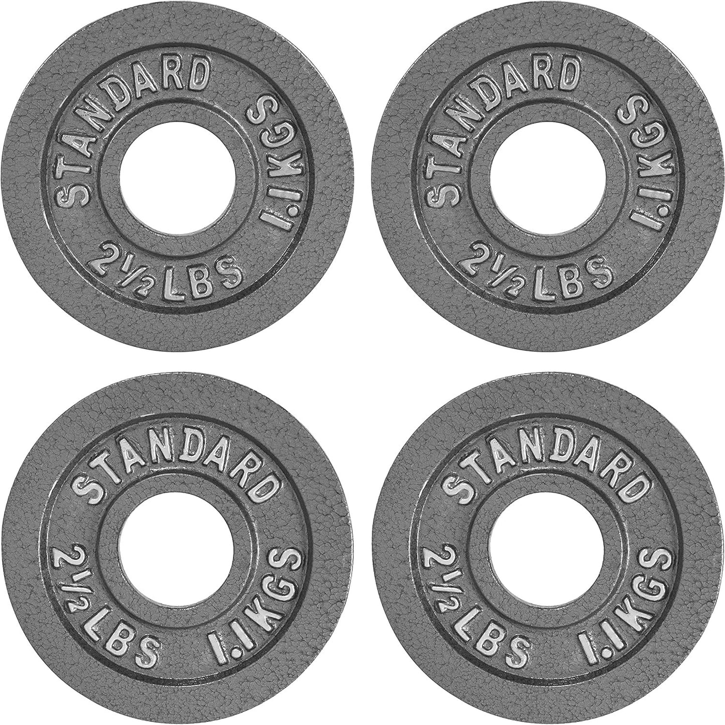 Four gray weight plates labeled 'Standard' with weight markings on a white background.