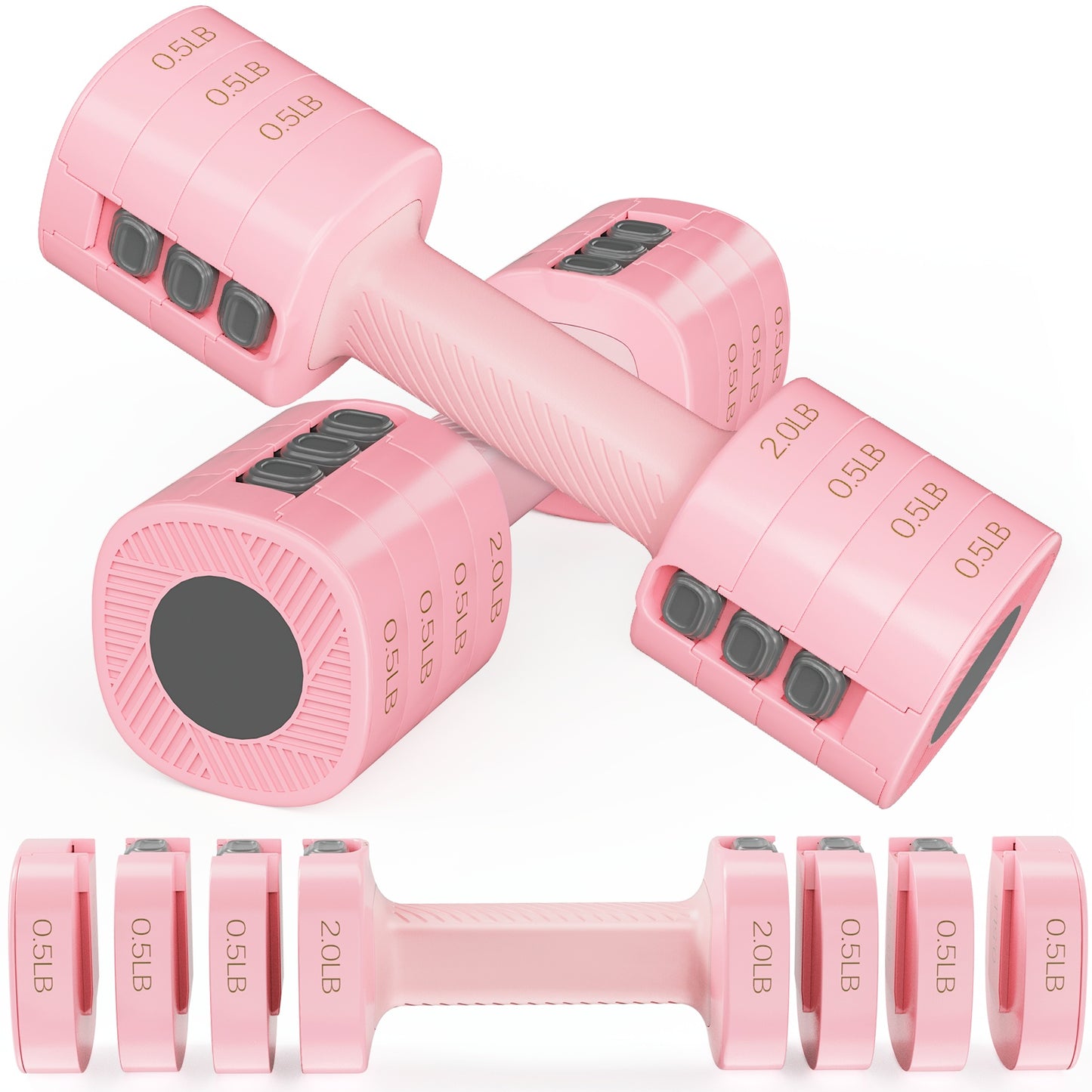 Pink adjustable dumbbells with weight markers on a white background