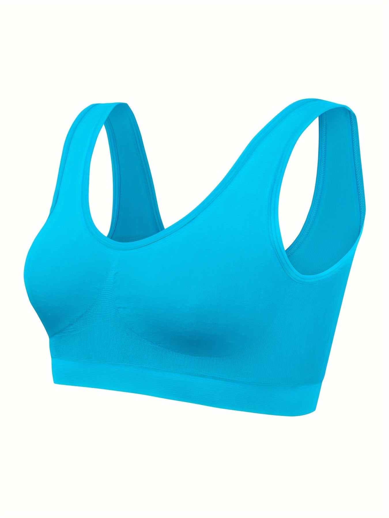 A front view of a blue Padded Sports Bra For Women sold by 100 Spartans on a white background