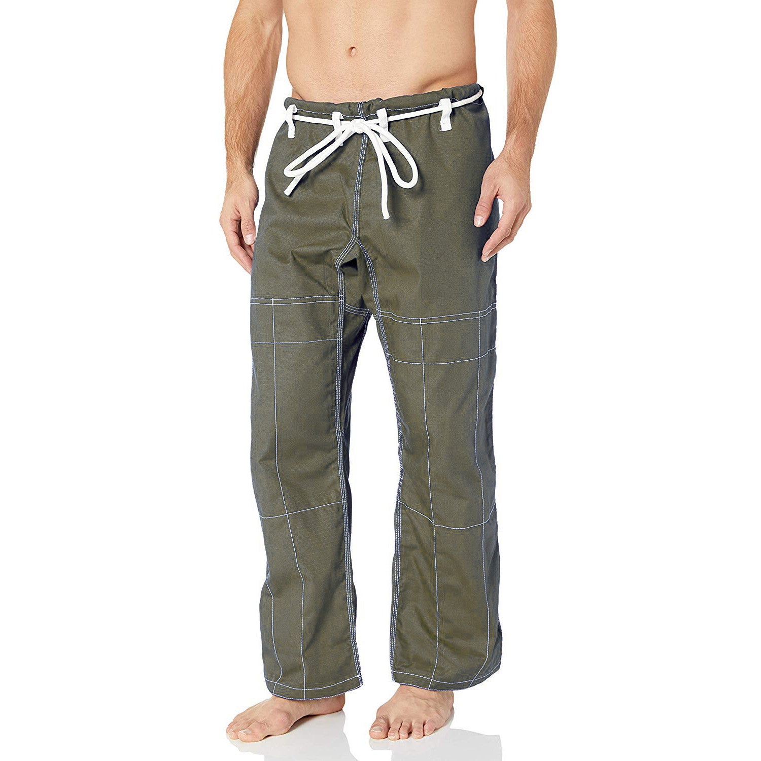 Green pants with white drawstring on a white background