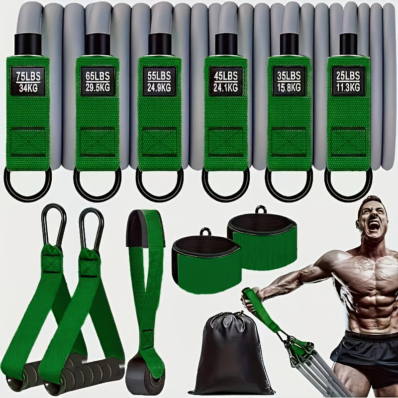 Collection of green resistance bands with weight indicators and a muscular man exercising.
