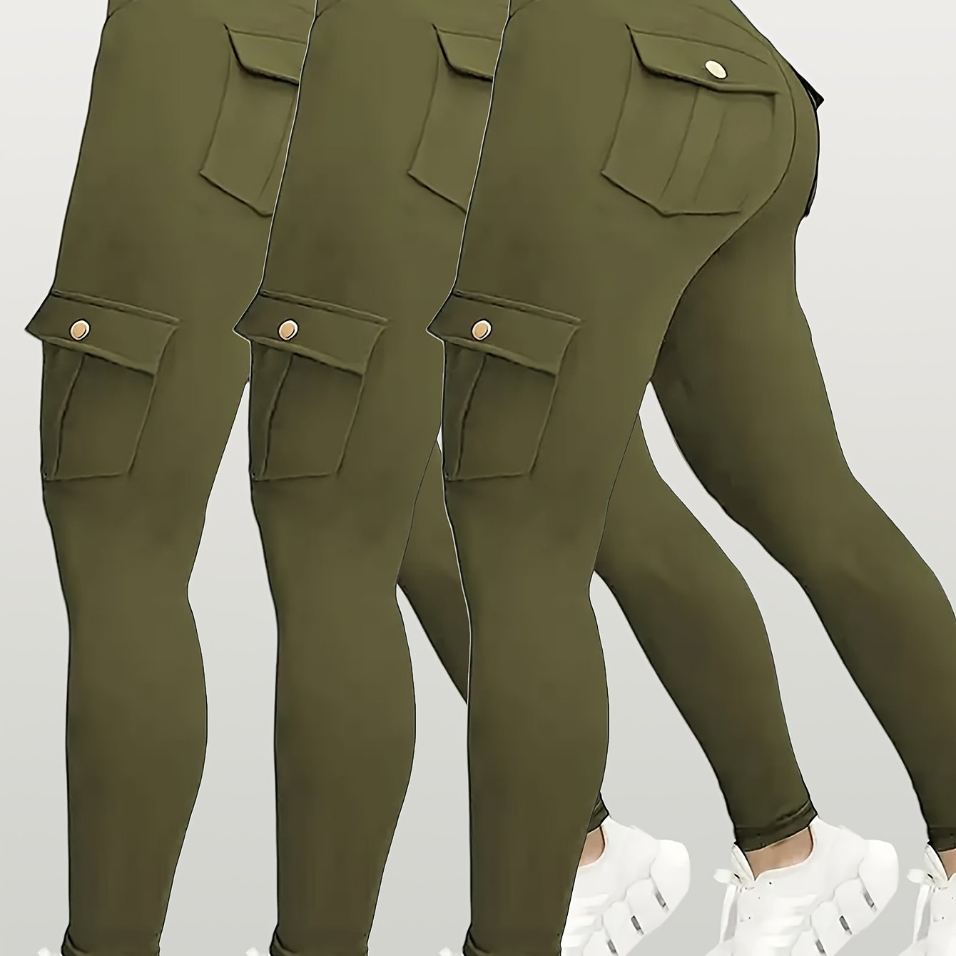 Green cargo pants with multiple pockets on a light gray background