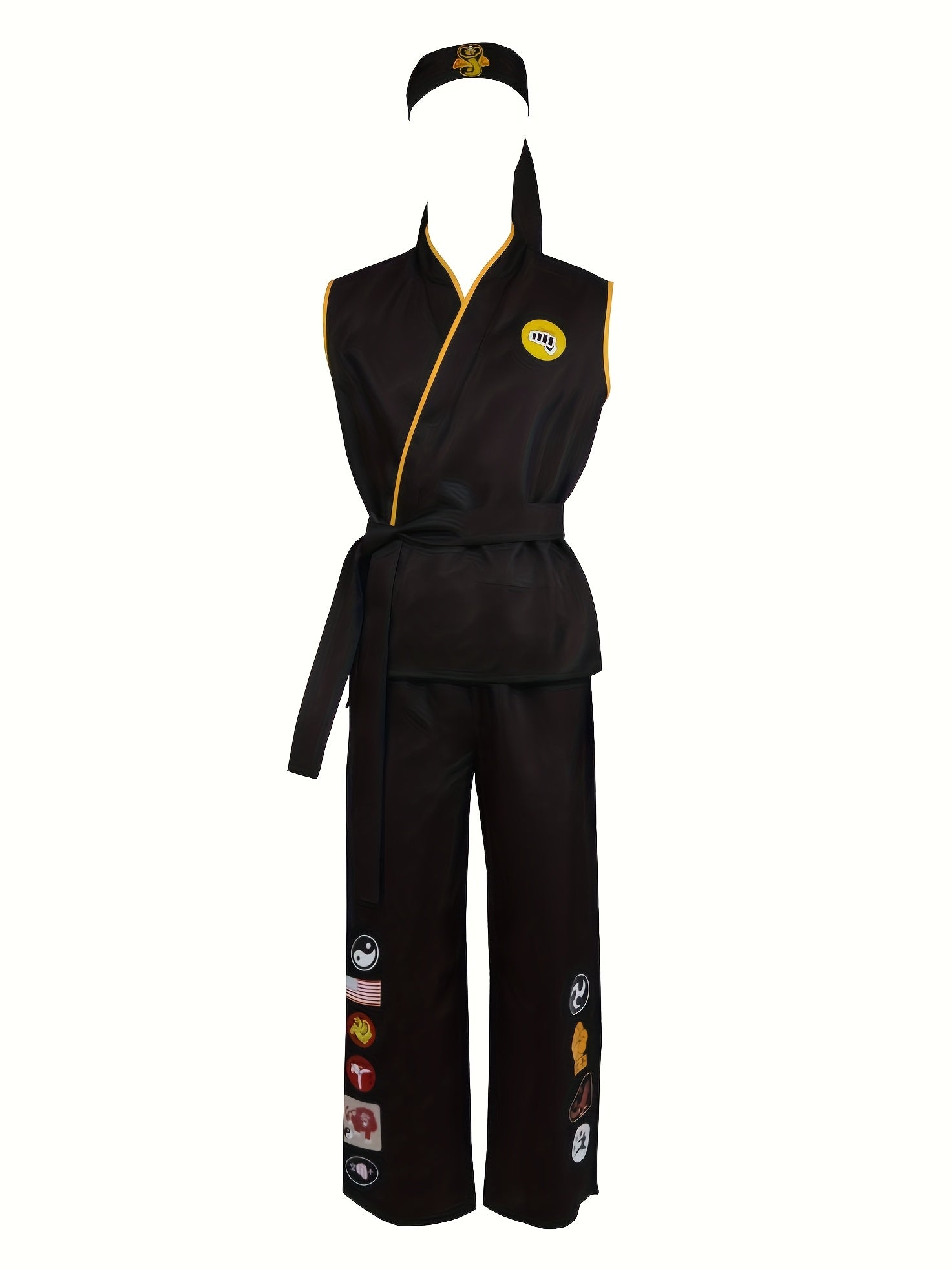 Taekwondo uniform with yellow accents on a white background