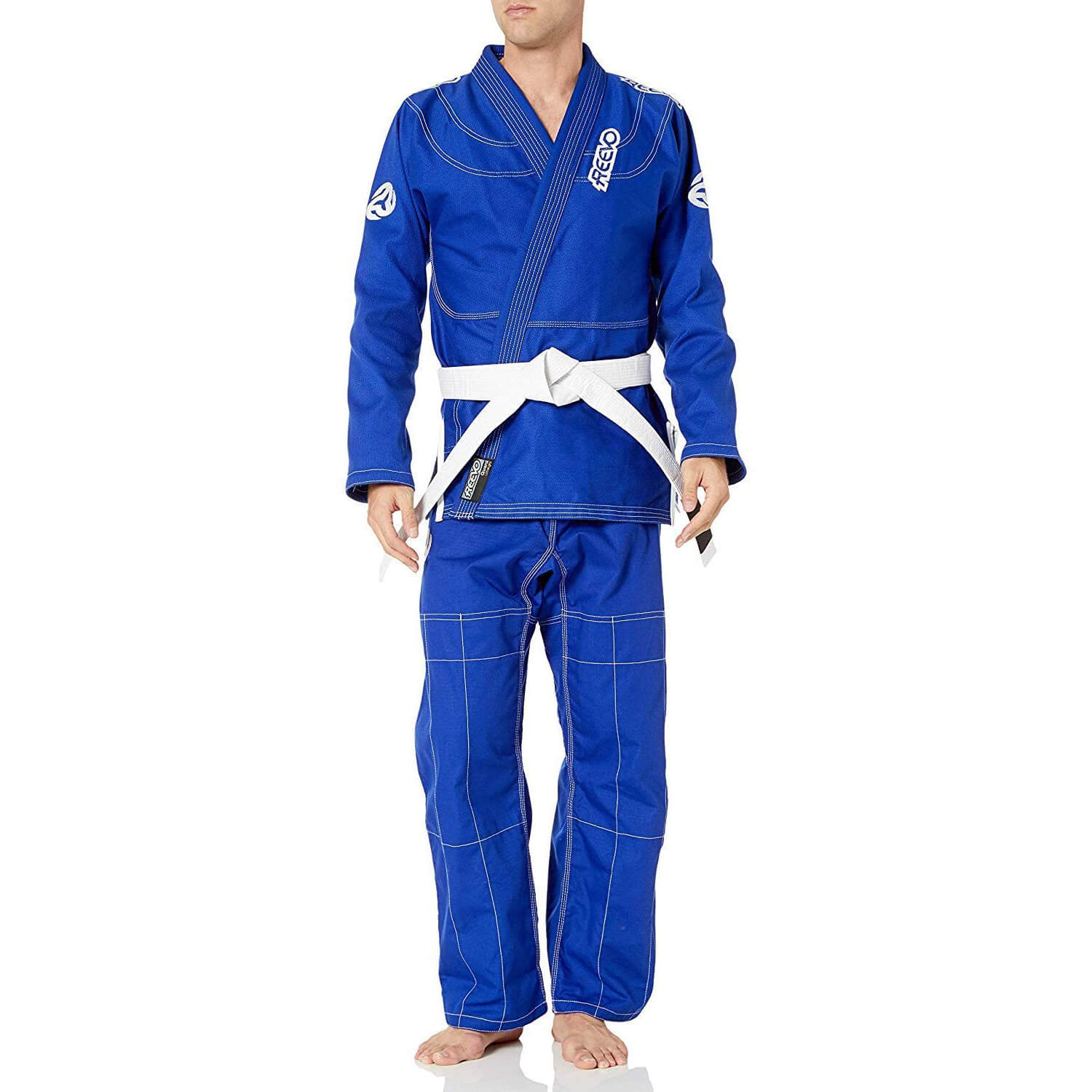 Person wearing a blue martial arts uniform with white belt on a white background