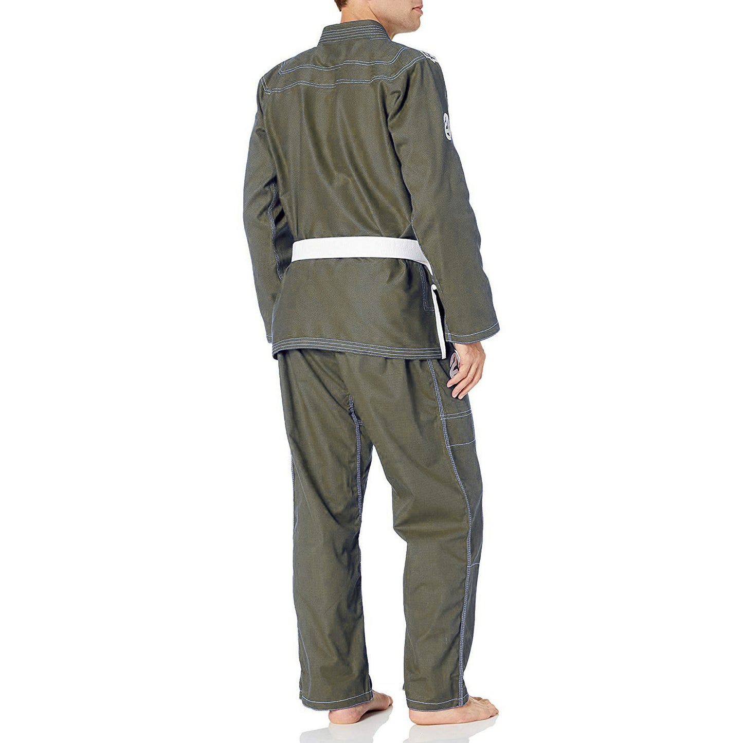 Person wearing a green martial arts uniform on a white background