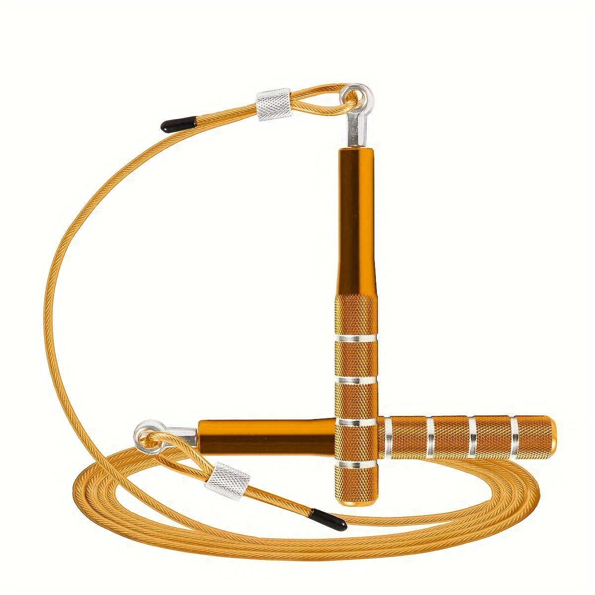 Gold adjustable skipping rope with silver clamps on a white background