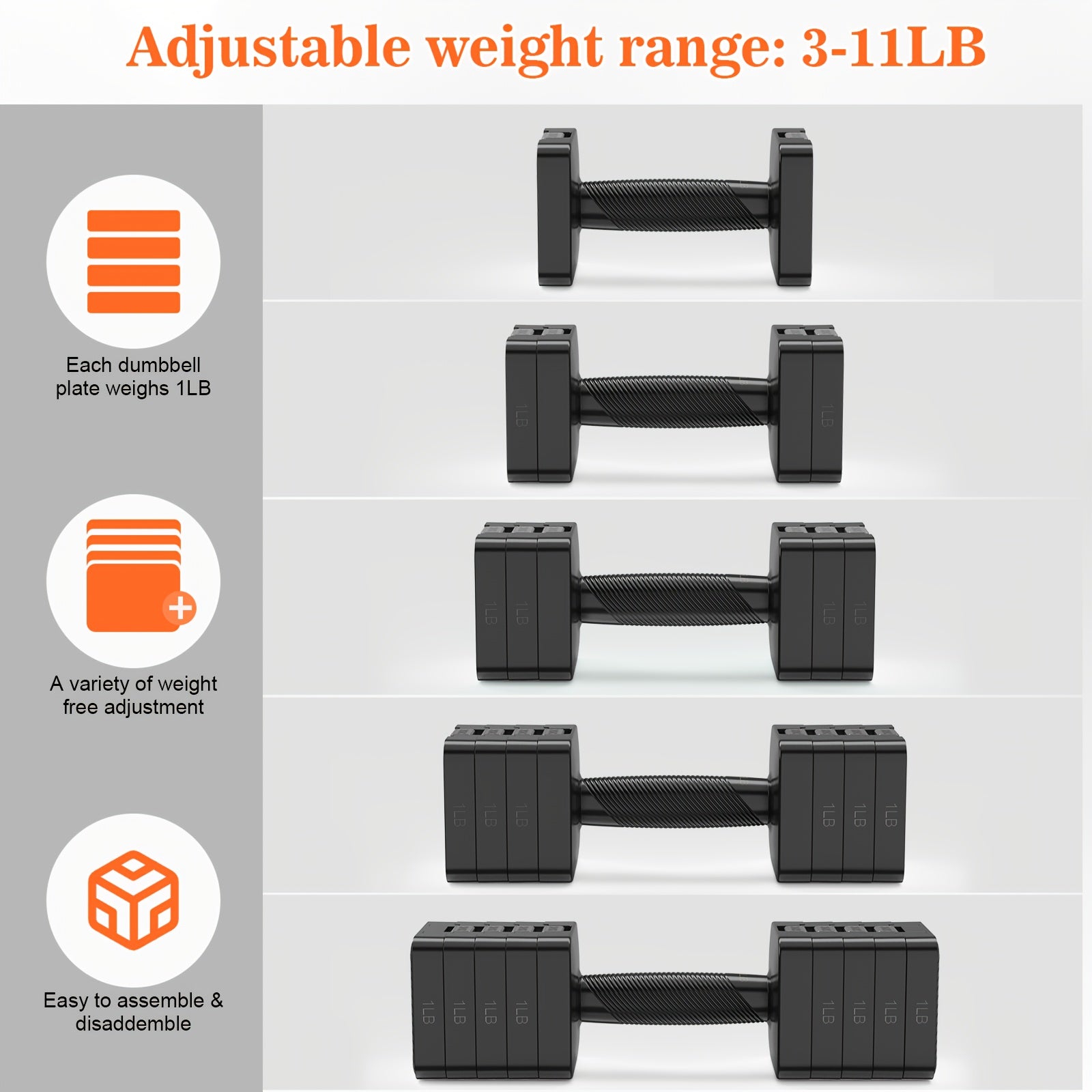 Set of adjustable dumbbells with weight range 3-11LB on a white background